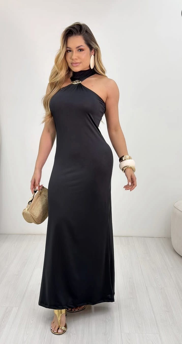 Vestido longo preto frente única, frente